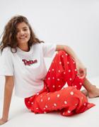 Asos Design Retro Tee And Woven Polka Wide Leg Pyjama - Multi