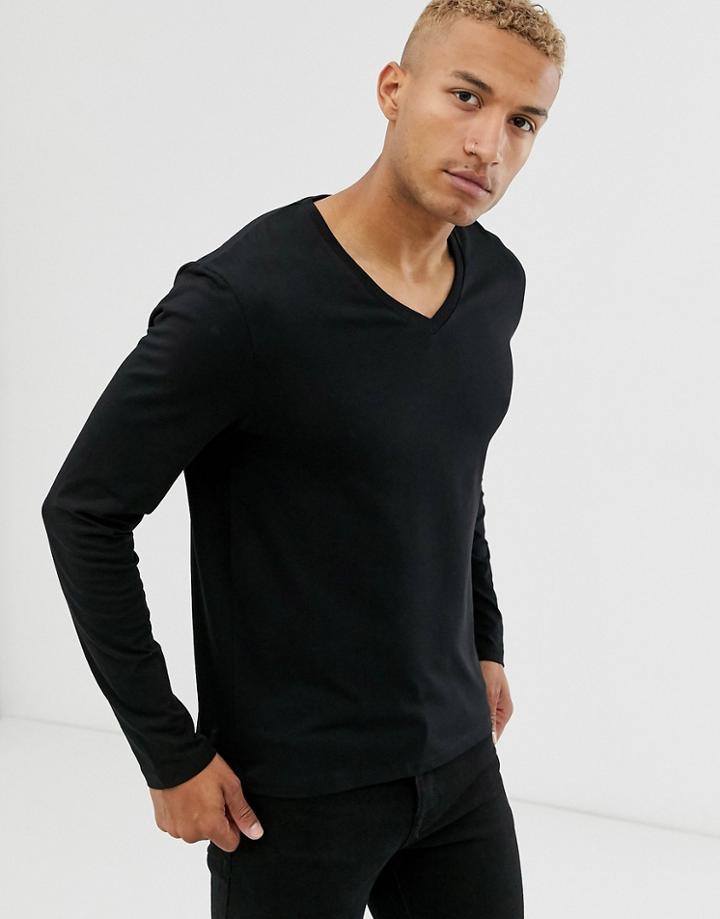 Asos Design Long Sleeve T-shirt With V Neck In Black