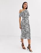 Asos Design Pleated Shoulder Pencil Dress In Zebra Print-multi