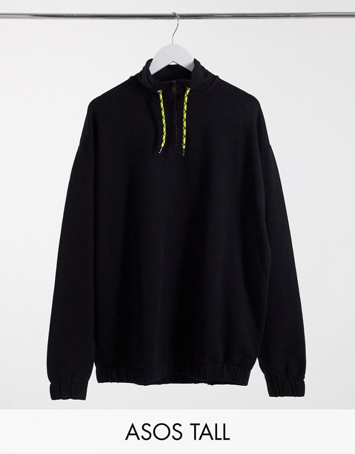 Asos Design Tall Oversized Sweatshirt With Funnel Neck In Black With Contrast Drawcords