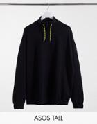Asos Design Tall Oversized Sweatshirt With Funnel Neck In Black With Contrast Drawcords