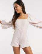 River Island Puff Sleeve Romper In Light Pink