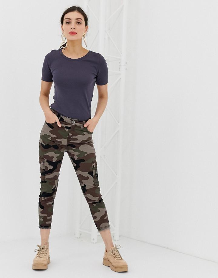 Benetton Cargo Denim Pants With Army Print - Multi