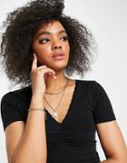 Asos Design V-neck Crop Top With Ruching Detail And Lace Trim In Black