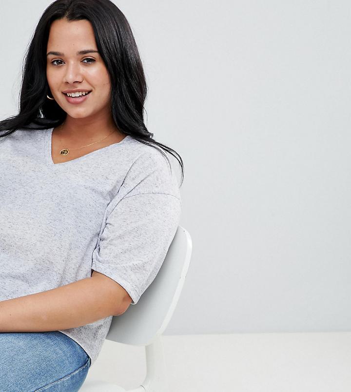 Asos Design Curve T-shirt With V-neck In Linen Mix - Gray
