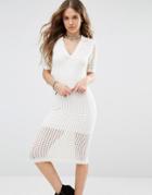 Honey Punch Bodycon Midi Dress In Mesh - Cream