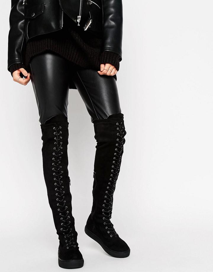 Truffle Collection Flat Over Knee Lace Up Boot - Black