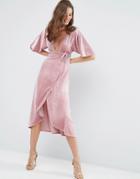 Asos Kimono Tie Velvet Plunge Midi Dress - Pink