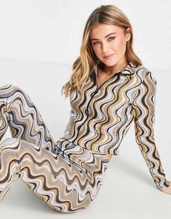Stradivarius Str Zip Detail Jacquard Cardigan In 70's Print-multi