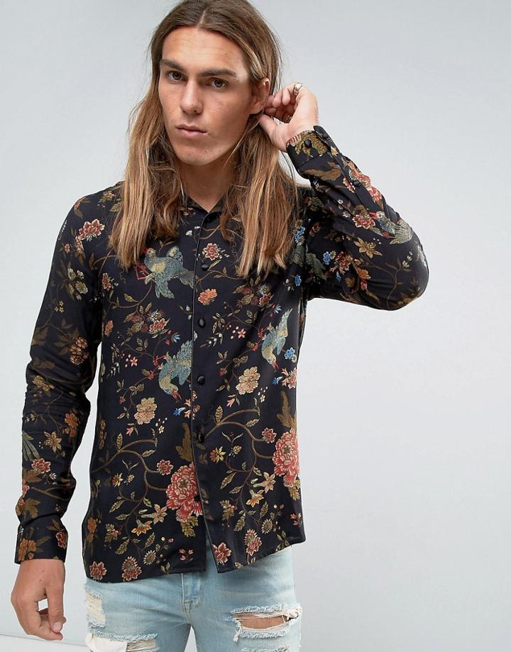 Asos Regular Fit Viscose Shirt With Floral Print And Piping - Black