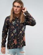 Asos Regular Fit Viscose Shirt With Floral Print And Piping - Black