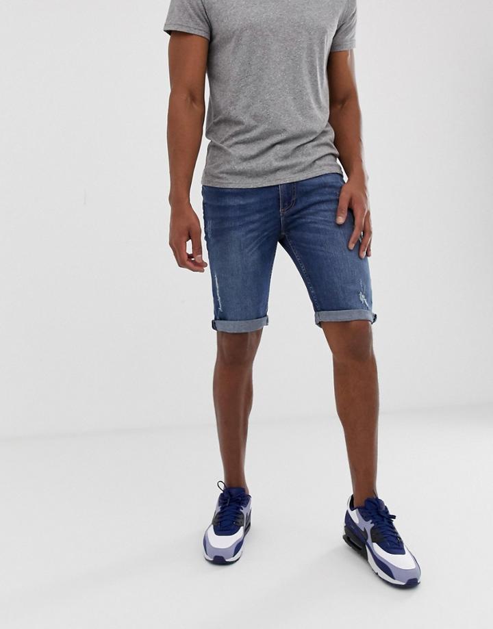 River Island Skinny Shorts In Mid Wash Blue - Blue