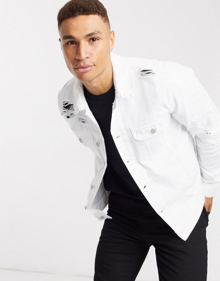 Asos Design Denim Jacket In White With Rips