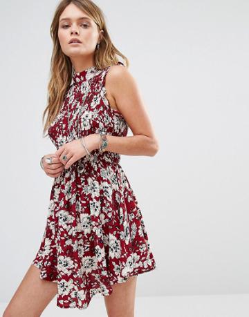 Kiss The Sky High Neck Dress In Floral Print - Red