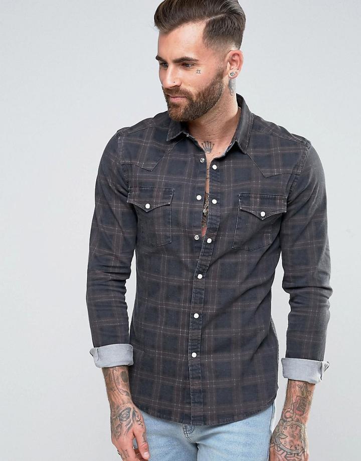 Asos Skinny Western Denim Check Shirt In Gray - Gray