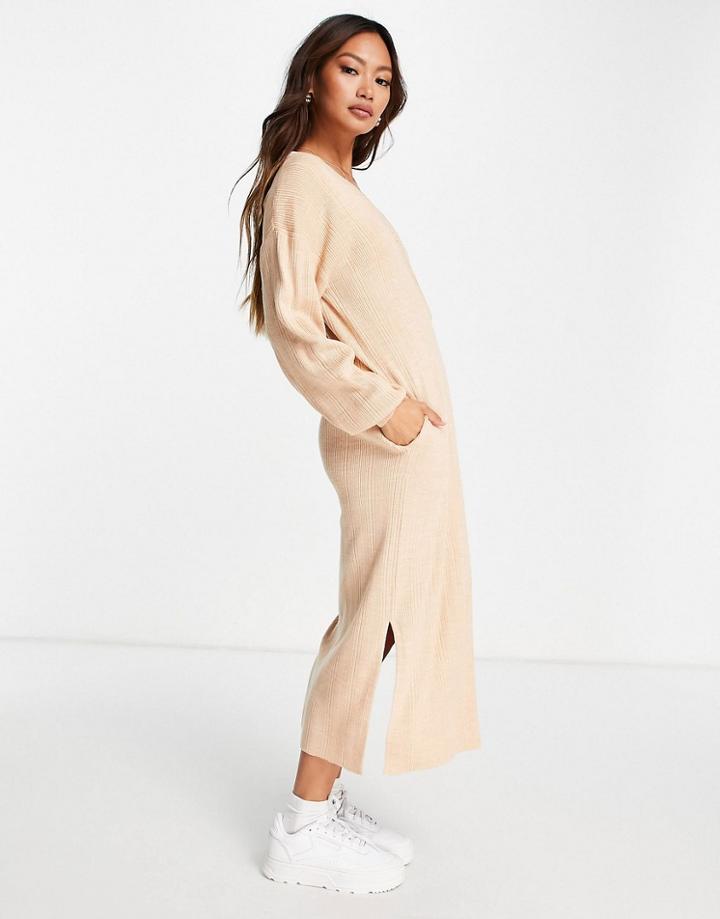 Asos Design Knit Maxi Dress With Button Placket And Pockets In Oatmeal-neutral