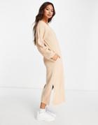 Asos Design Knit Maxi Dress With Button Placket And Pockets In Oatmeal-neutral