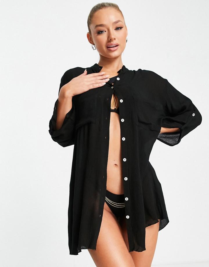 South Beach Oversized Double Pocket Beach Shirt In Black