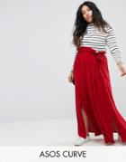 Asos Curve Maxi Skirt With Belt And Thigh Split - Red