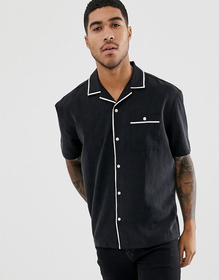 Asos Design Relaxed Viscose Short Sleeve Shirt With Piping - Black