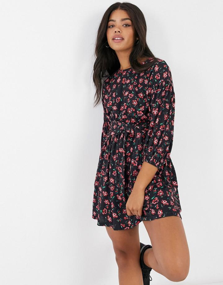 Asos Design Belted Mini Dress In Black And Red Floral Print