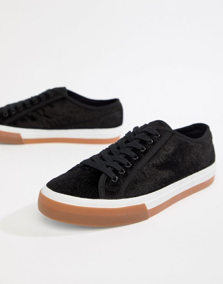 Asos Design Plimsolls In Black Faux Pony Hair - Black