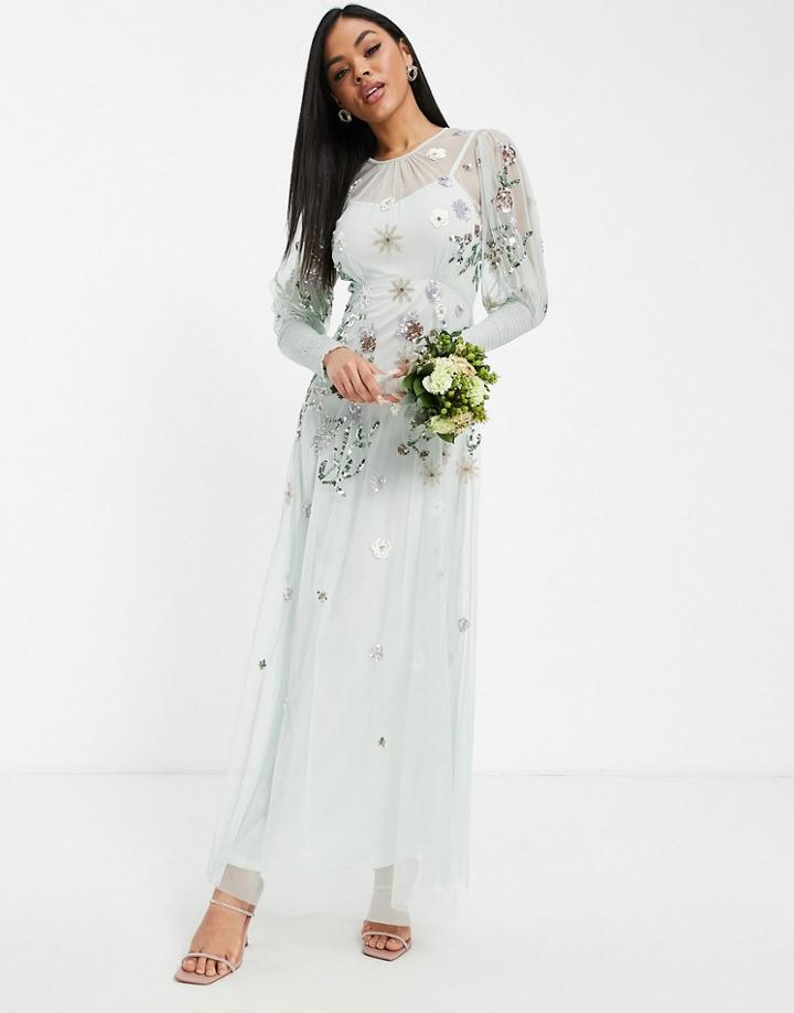 Frock And Frill Bridesmaid Maxi Smock Dress With Embellished Detail In Dusty Sage-green