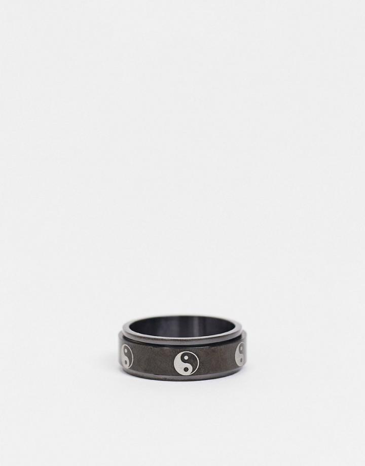 Asos Design Stainless Steel Band Ring With Yin-yang Design In Black
