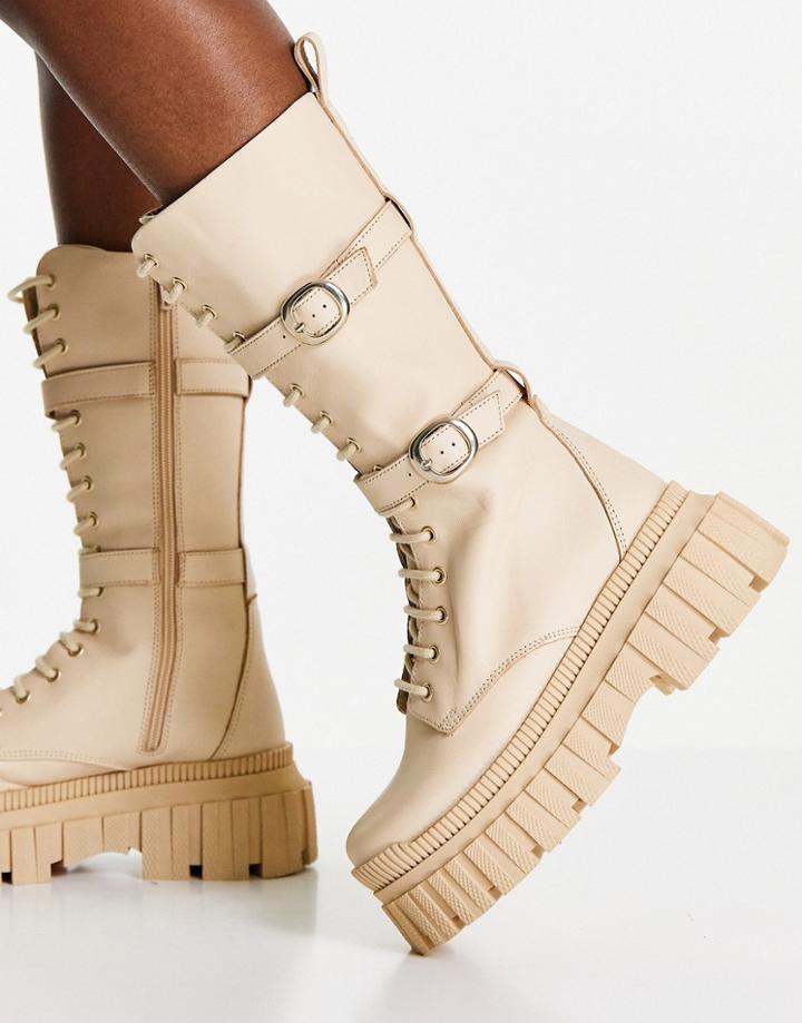 Asos Design Cosmic Premium Leather Chunky Lace Up Knee Boots In Beige-neutral