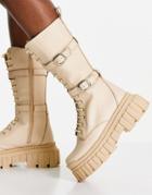 Asos Design Cosmic Premium Leather Chunky Lace Up Knee Boots In Beige-neutral