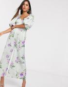 Asos Design Puff Sleeve Jumpsuit In Vintage Pastel Floral Print-multi