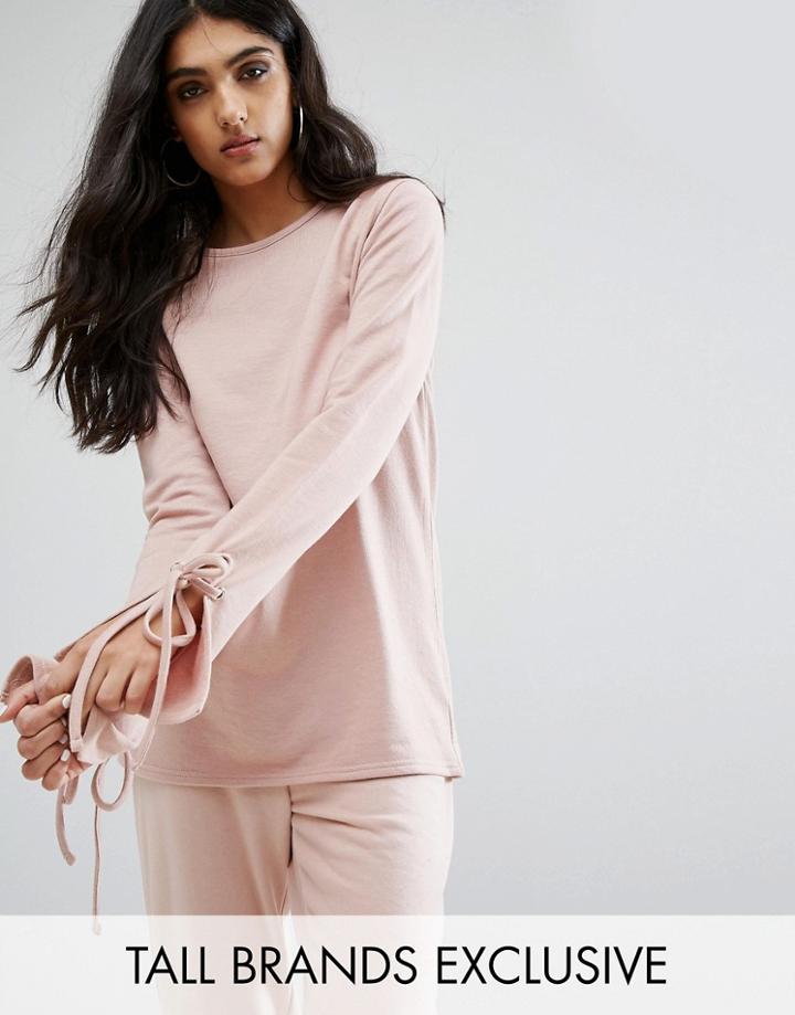 Daisy Street Tall Longline Top With Lace Up Sleeve Detail - Pink