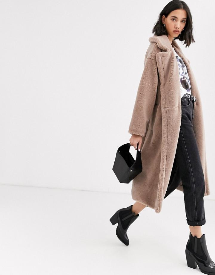 Native Youth Longline Coat In Faux Fur-beige