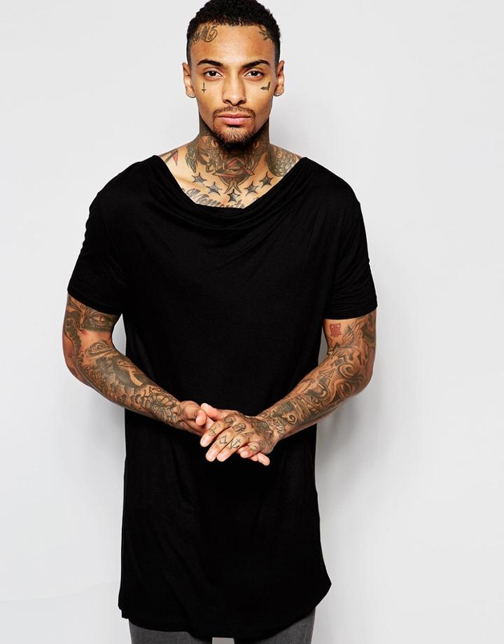 Asos Super Longline T-shirt With Drape Neck And Zip Back In Bamboo - Black