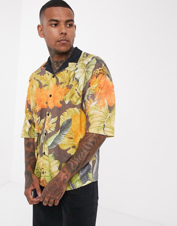 Asos Design Oversized Button Through Polo With Cheetah Print - Multi