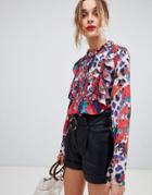 Lost Ink Blouse With Frill Panel In Floral Leopard Mixed Print - Multi