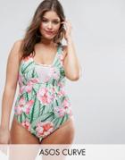 Asos Curve Exotic Palm Print Mesh Insert Swimsuit - Multi