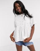 Asos Design Smock Top In All Over Broidery-white