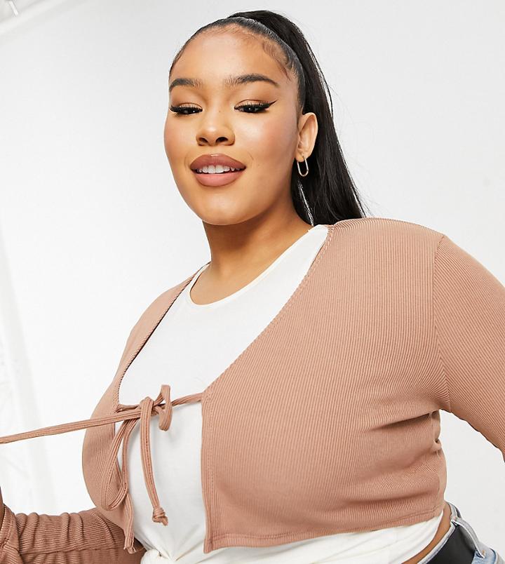 Flounce Plus Ribbed Tie Front Cardigan In Taupe-neutral