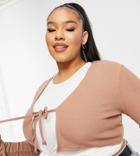 Flounce Plus Ribbed Tie Front Cardigan In Taupe-neutral