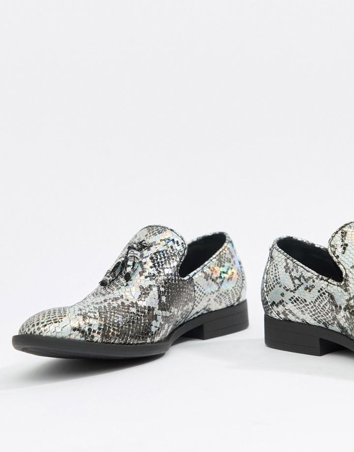 Asos Design Loafers In Silver Snake Print With Tassels - Multi