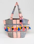 Asos Beach Weave Pom Coin Shopper Bag - Multi