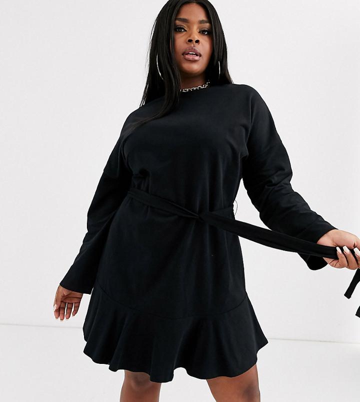 Asos Design Curve Long Sleeve Pep Hem Sweat Dress-black
