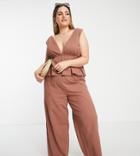Asos Design Curve Wide Leg Beach Pants In Brown Seersucker - Part Of A Set