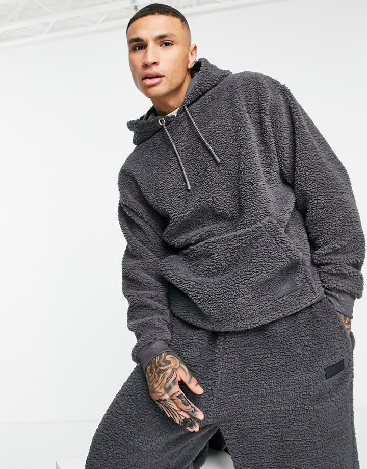 Asos Design Oversized Hoodie In Borg With Badge - Part Of A Set-grey