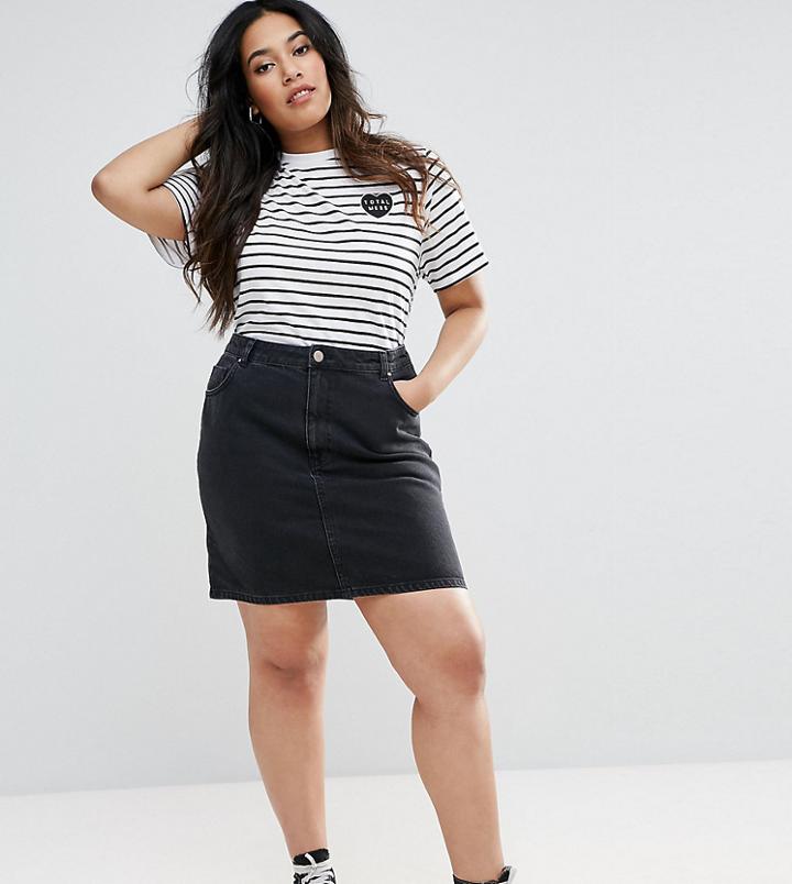 Asos Design Curve Denim Original High Waisted Skirt In Washed Black - Black