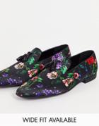 Asos Design Loafers In Black Floral Print With Snaffle Detail
