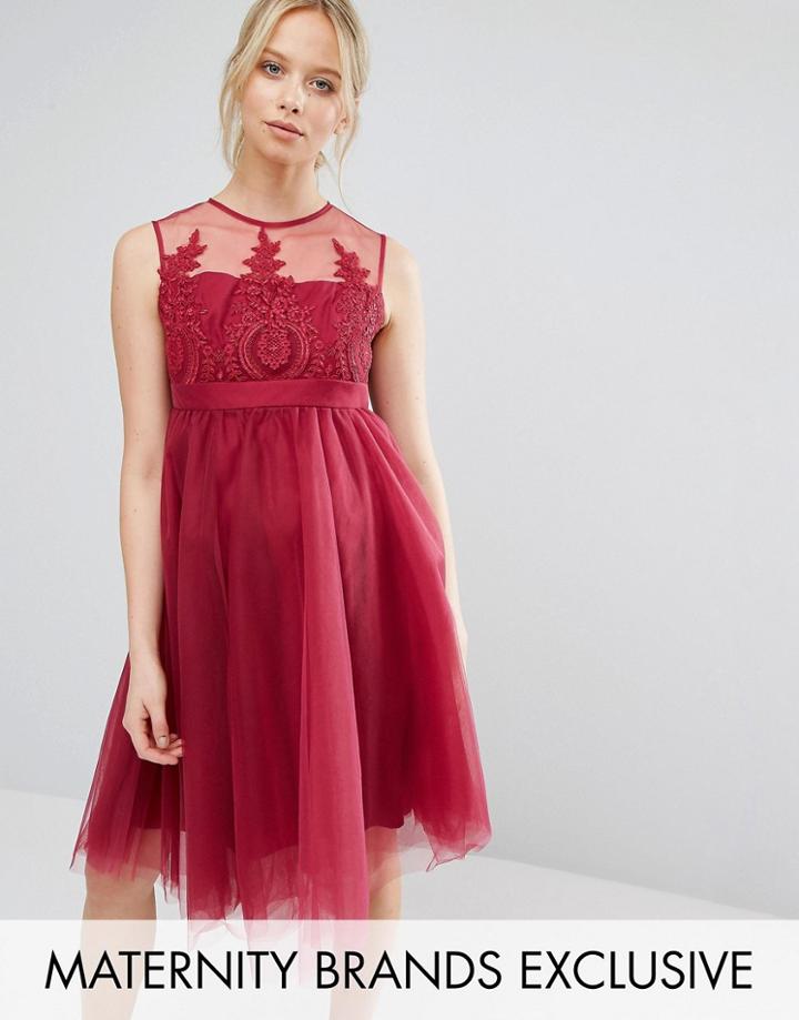Chi Chi London Maternity Embroidered Prom Dress With Button Detail And Tulle Skirt - Pink