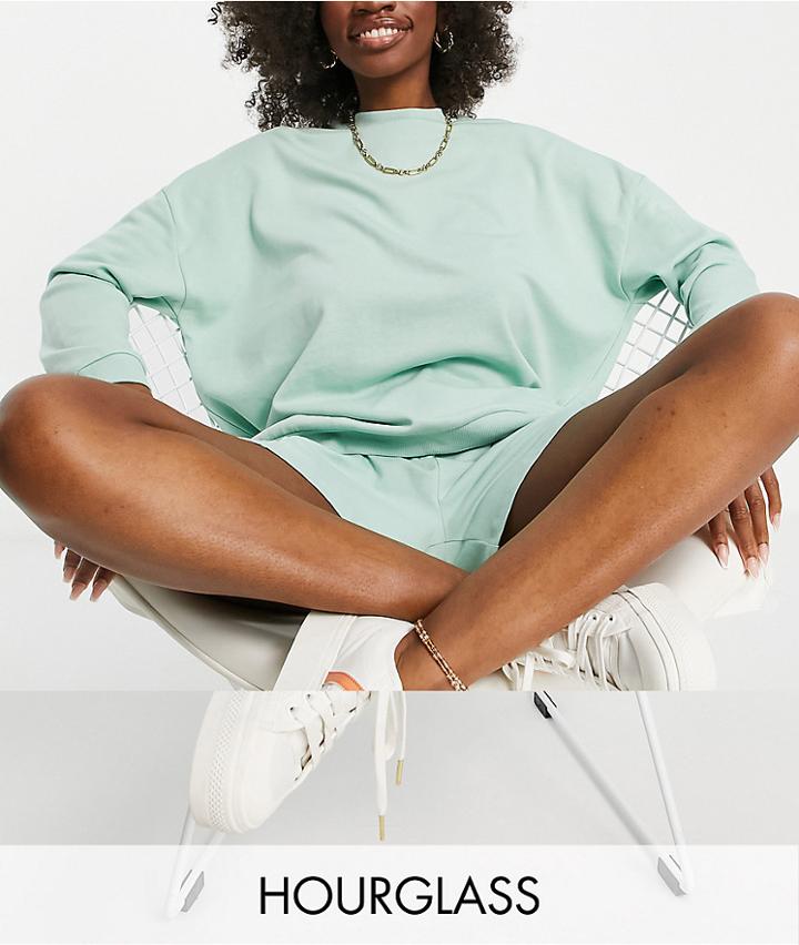 Asos Design Hourglass Organic Cotton Summer-weight Track Sweatshirt & Shorts With Pintuck In Pistachio-green