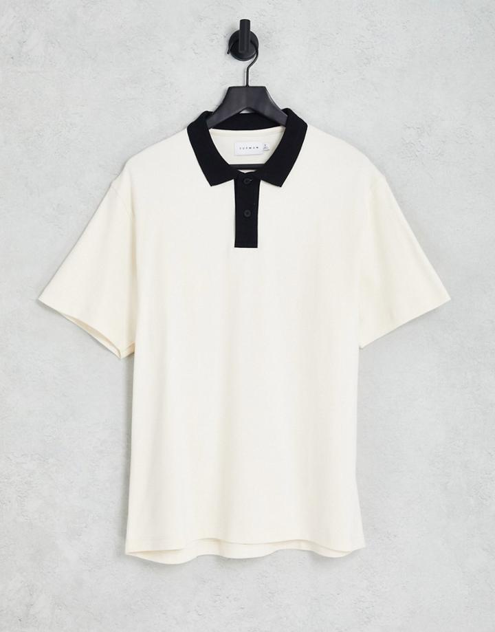 Topman Oversized Polo With Contrast Placket In Ecru-white